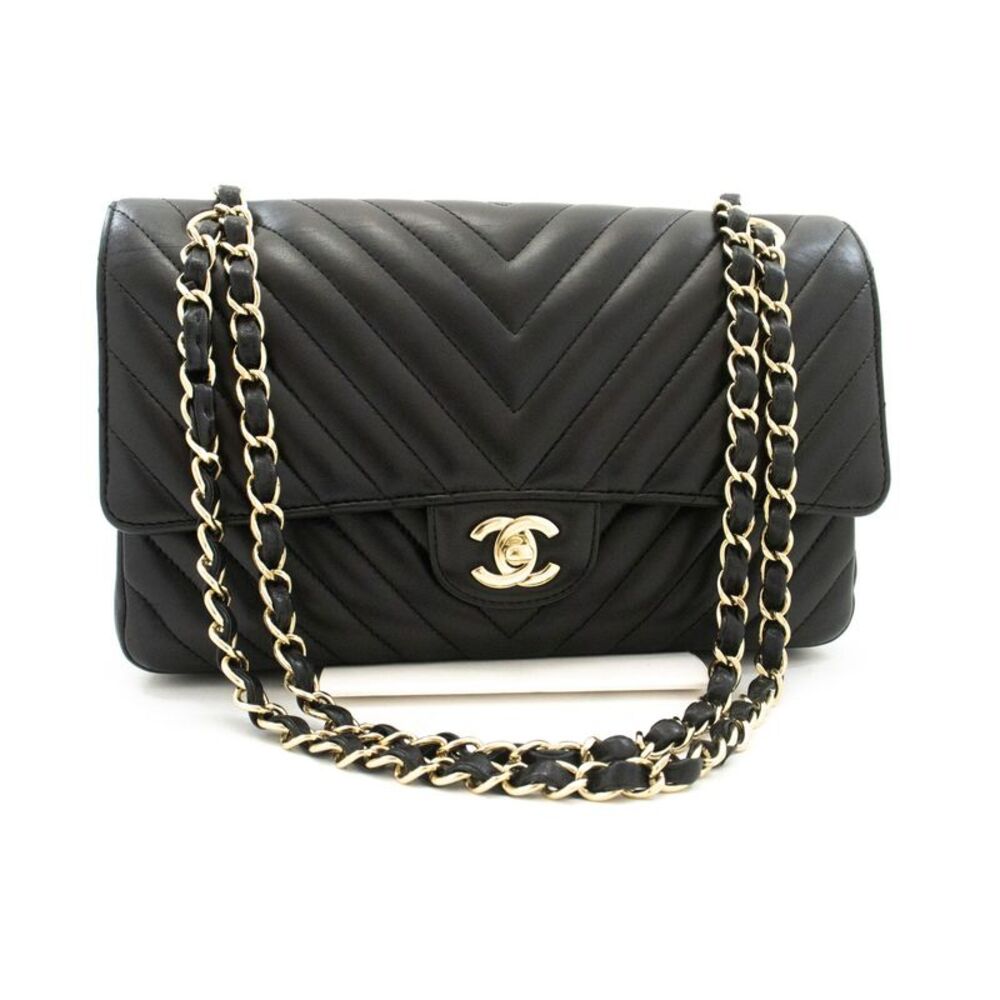 Chanel Timeless - Classic Double Flap Chevron Lambskin Black Leather Shoulder